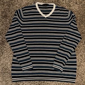 “Sebastian Cooper” Blue, Black, and White Stripped V-Neck Sweater